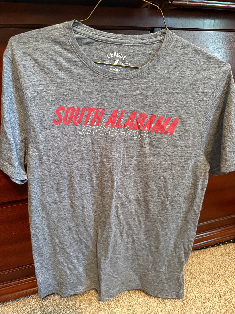 League Gray Short Sleeve Tee with Red "South Alabama" Script